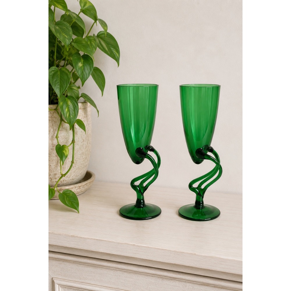 Vintage Jozefina‎ Krosno Green Art Glass Goblets Postmodern Polish 1980s Set